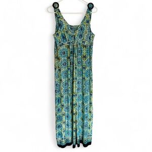 Y2K Boho Vacation Print my collection Sz XL Maxi Dress Twist Front Blue & Green